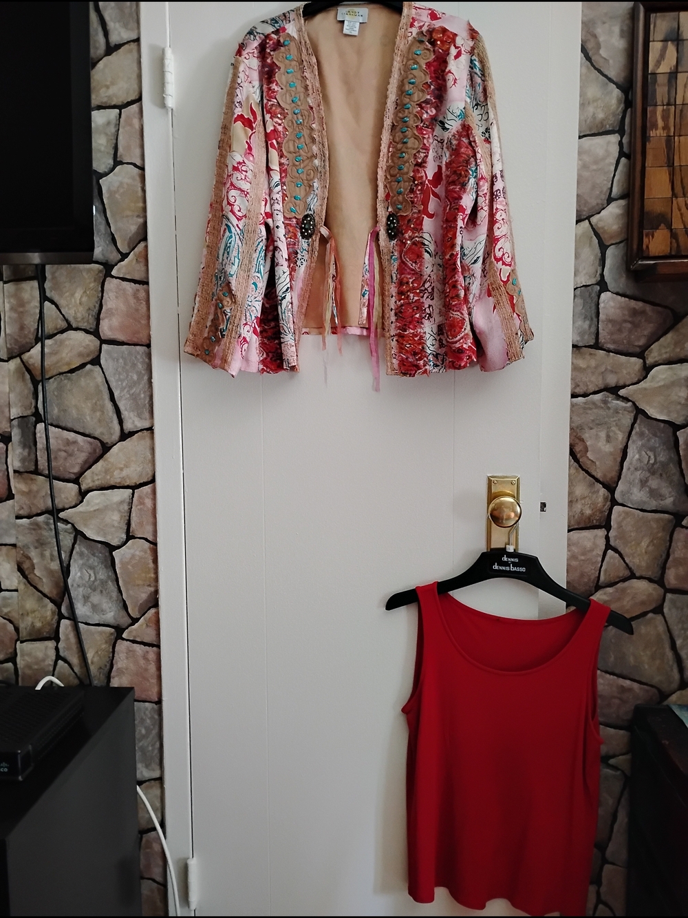 100% Silk Red & Multi Embellished Open-Front Cardigan Jacket And Tank Top - Picture 6 of 6